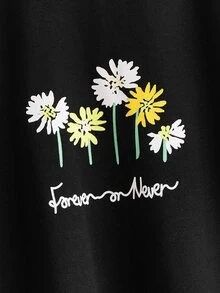 ROMWE Striped Floral & Letter Graphic Tee - Black - View 3