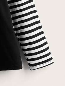 ROMWE Striped Floral & Letter Graphic Tee - Black - View 4