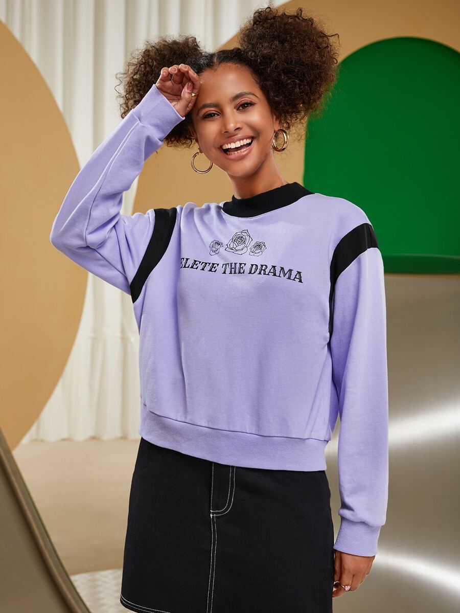 Minow Colour Block Floral Print Sweatshirt - Violet Purple - View 1