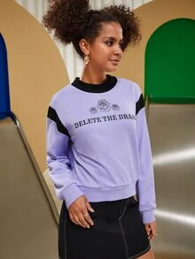 Minow Colour Block Floral Print Sweatshirt - Violet Purple - View 5