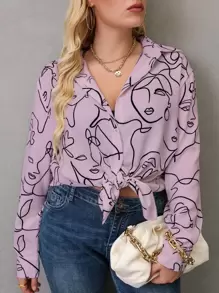 SHEIN LUNE 大碼人像圖案前排扣襯衫 - 彩色 - 查看 1