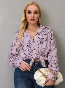 SHEIN LUNE 大碼人像圖案前排扣襯衫 - 彩色 - 查看 3