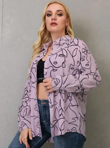 SHEIN LUNE 大碼人像圖案前排扣襯衫 - 彩色 - 查看 5