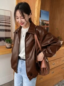DAZY Slant Pockets PU Leather Jacket
