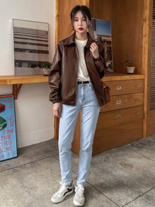DAZY Slant Pockets PU Leather Jacket