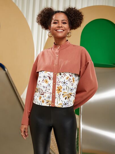 Serenity Camisa 2 en 1 con estampado floral de hombros caídos