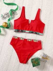 Contrast Trim V Wired Bikini For Summer Beach Vacation - Red - View 1