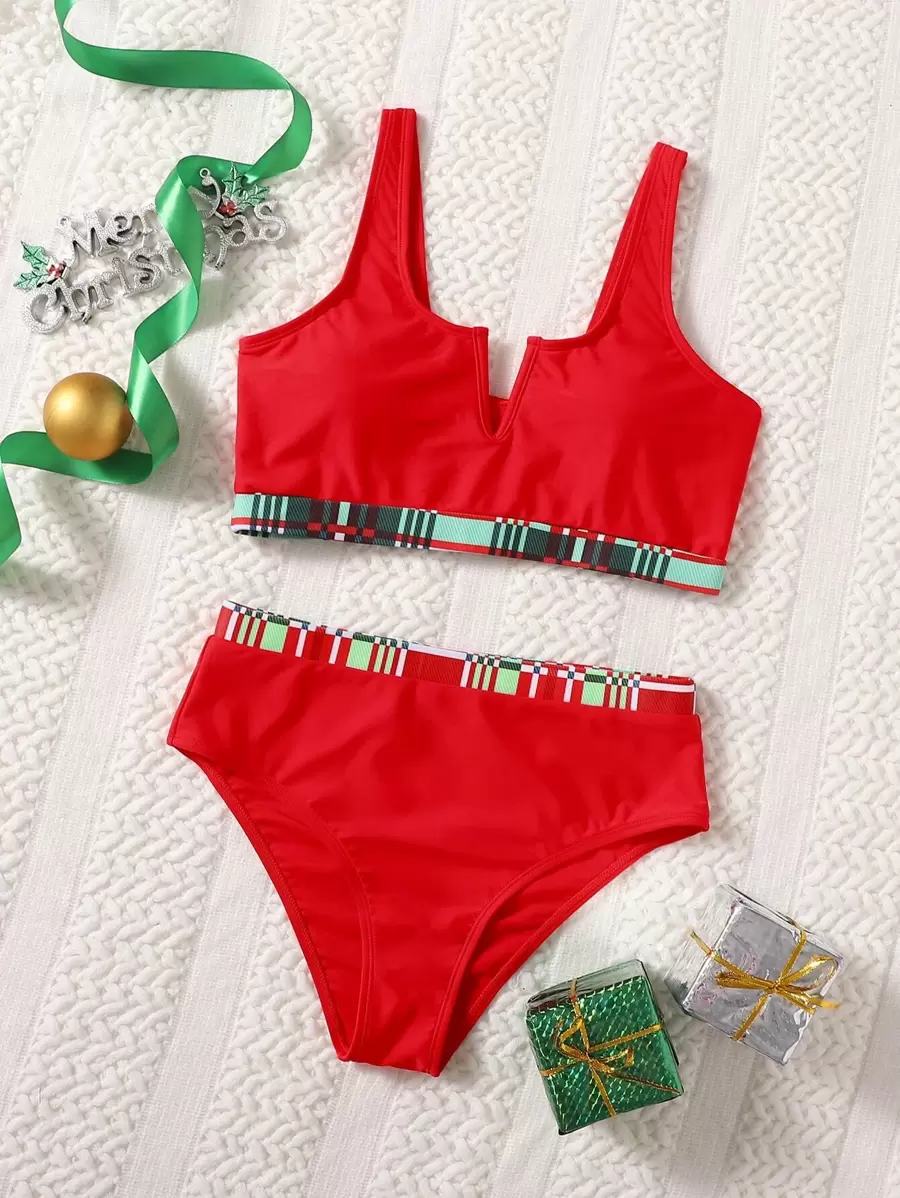 Contrast Trim V Wired Bikini For Summer Beach Vacation - Red - View 1