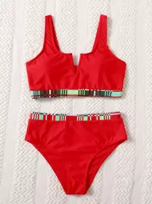 Contrast Trim V Wired Bikini For Summer Beach Vacation - Red - View 4