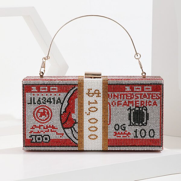 

Rhinestone Decor Dollar Design Chain Box Bag, Multicolor