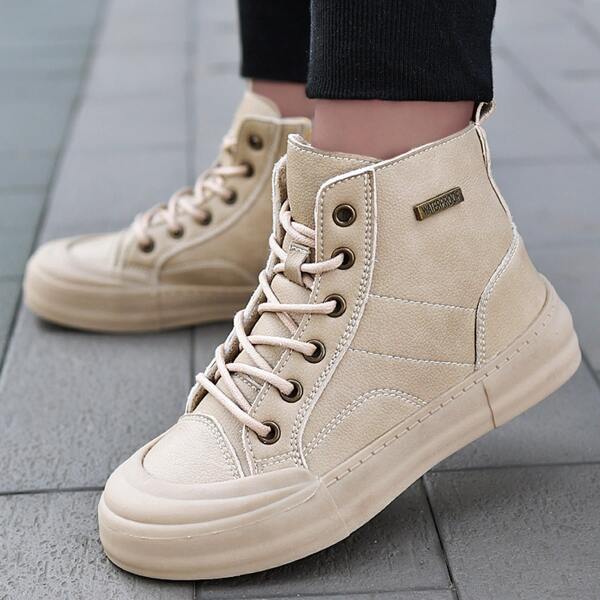 

Metal Decor Lace-up Front Boots, Beige