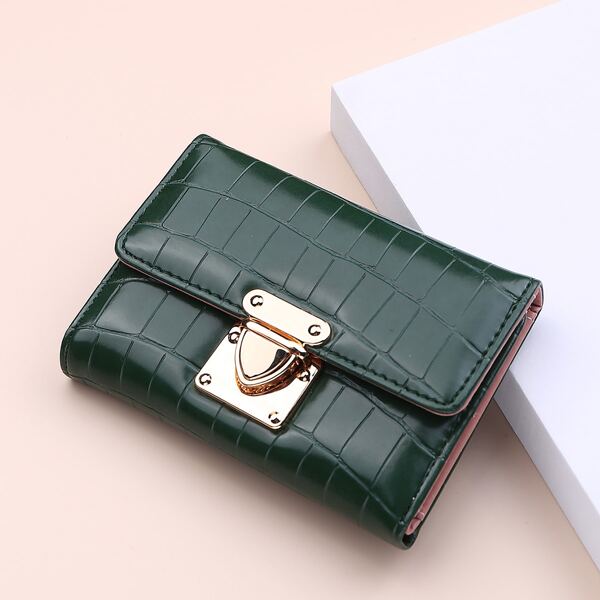 

Crocodile Embossed Push Lock Small Wallet, Dark green