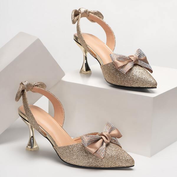 

Glitter & Bow Decor Slingback Pumps, Champagne