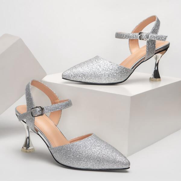 

Glitter Decor Ankle Strap Pumps, Silver