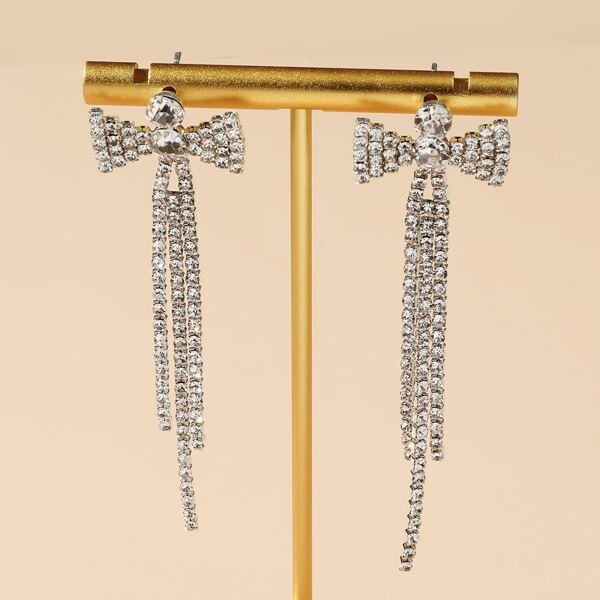 

Bow Decor Rhinestone Tassel Drop Earrings, Silver