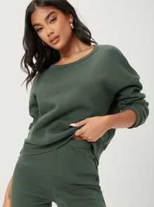 SHEIN Solid Cut Out Back Drop Shoulder Sweatshirt - Dark Green - View 2