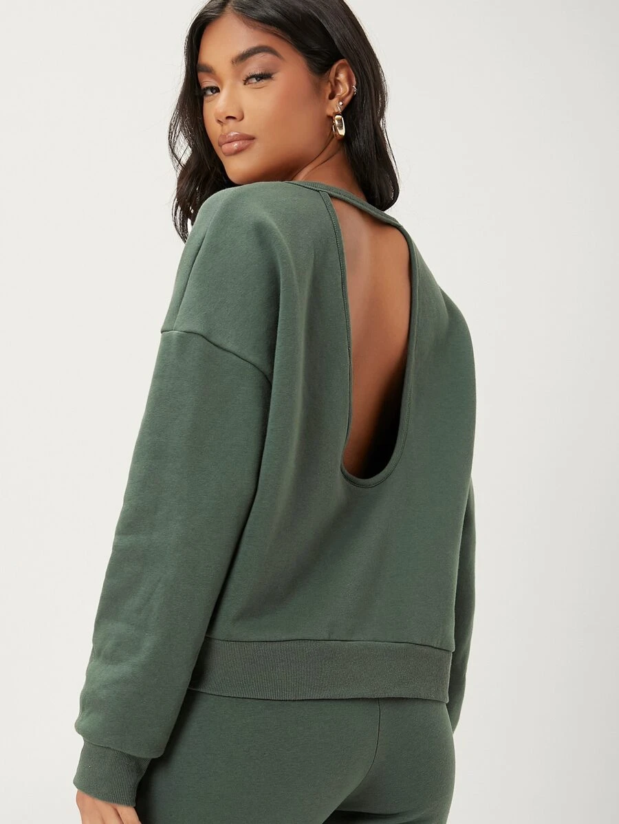 SHEIN Solid Cut Out Back Drop Shoulder Sweatshirt - Dark Green - View 1
