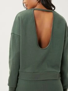 SHEIN Solid Cut Out Back Drop Shoulder Sweatshirt - Dark Green - View 3
