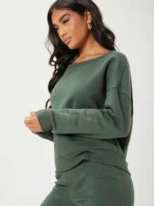 SHEIN Solid Cut Out Back Drop Shoulder Sweatshirt - Dark Green - View 4