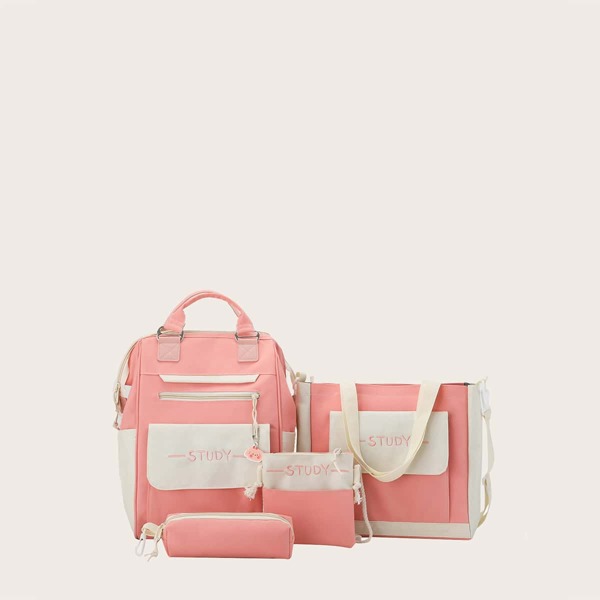 

4pcs Girls Buckle Decor Two Tone Bag Set, Pink