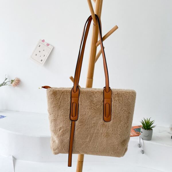 

Minimalist Contrast Binding Shoulder Tote Bag, Khaki