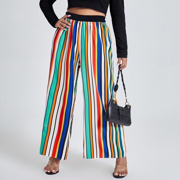 

Plus Rainbow Striped Wide Leg Pants, Multicolor