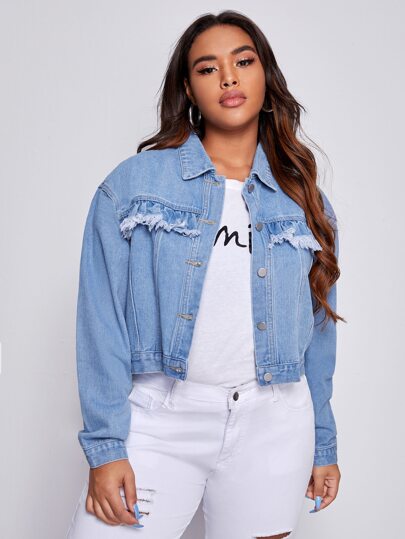 Plus Frill Trim Raw Cut Denim Jacket