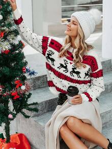 Simplee 聖誕圖案落肩袖套頭毛衣 - 彩色 - 查看 4