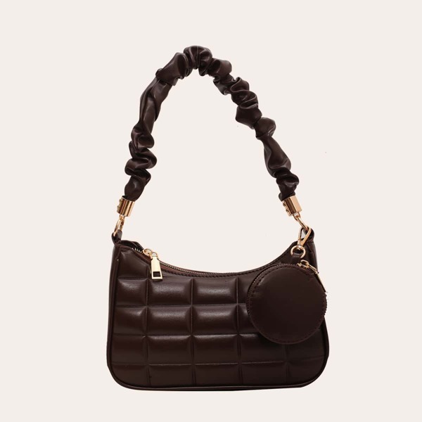 

Quilted Pattern Baguette Bag With Coin Case, Coffee brown