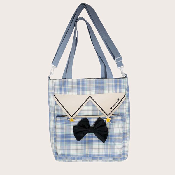 

Bow Decor Plaid Pattern Square Bag, Blue