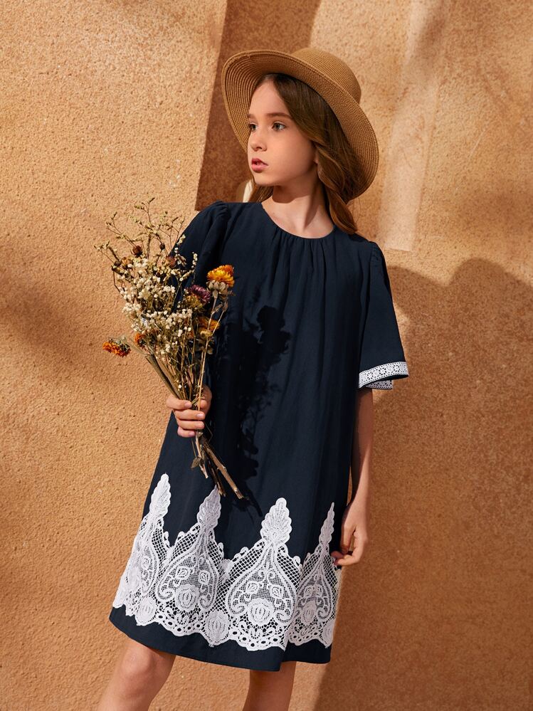 SHEIN Vestido túnico ribete con bordado en contraste de espalda con abertura de ojo - Azul Marino - Añade 1