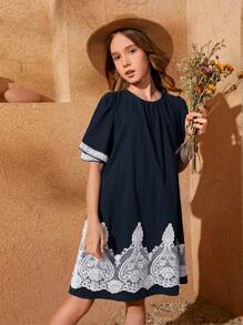 SHEIN Vestido túnico ribete con bordado en contraste de espalda con abertura de ojo - Azul Marino - Ver 3