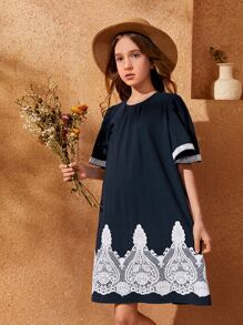 SHEIN Vestido túnico ribete con bordado en contraste de espalda con abertura de ojo - Azul Marino - Ver 4