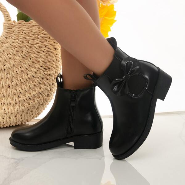 

Girls Bow Decor Lace-up Front Side Zipper Boots, Black