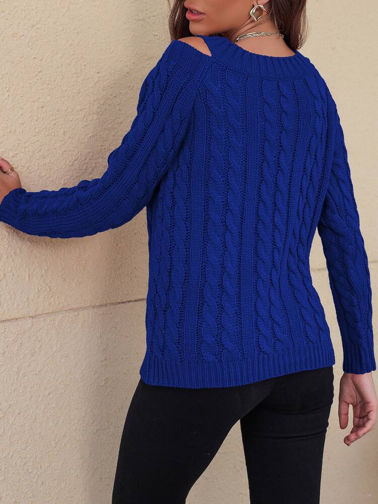 Chiquease Cable Knit V Neck Cutout Sweater - Royal Blue - View 2