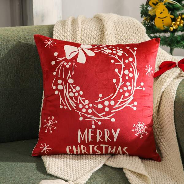

Christmas Wreath Print Cushion Cover Without Filler, Red and white