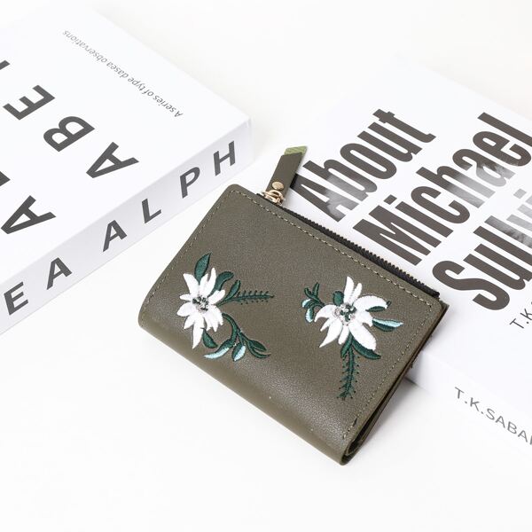 

Floral Pattern Fold Small Wallet, Green
