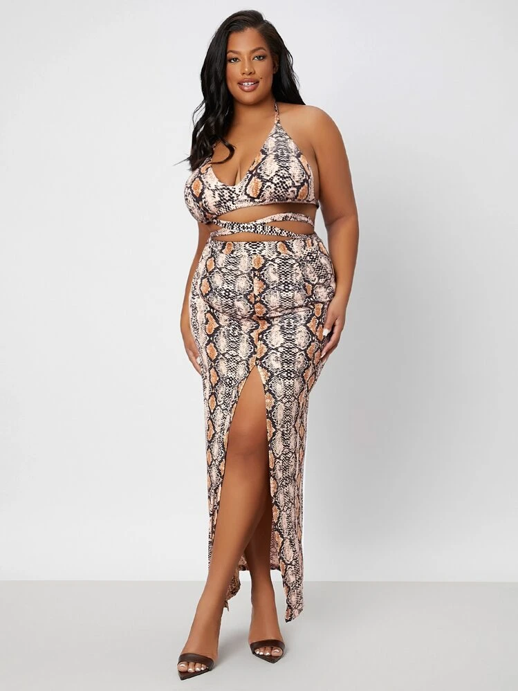 SHEIN SXY Mais Estampa de pele de cobra Sem encosto Top de alça & Cruzado Amarrar Coxa dividida Saias - Multicolorido - Visão 1