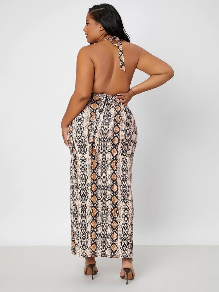 SHEIN SXY Mais Estampa de pele de cobra Sem encosto Top de alça & Cruzado Amarrar Coxa dividida Saias - Multicolorido - Visão 2