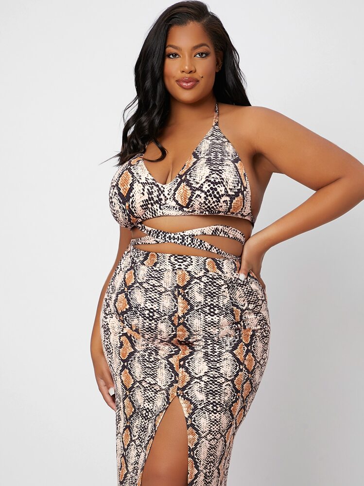 SHEIN SXY Mais Estampa de pele de cobra Sem encosto Top de alça & Cruzado Amarrar Coxa dividida Saias - Multicolorido - Visão 4
