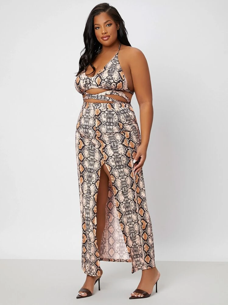SHEIN SXY Mais Estampa de pele de cobra Sem encosto Top de alça & Cruzado Amarrar Coxa dividida Saias - Multicolorido - Visão 5