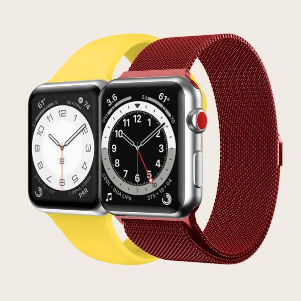 

1pc Metal Watchband & 1pc Plain Silicone Watchband For iWatch, Multicolor