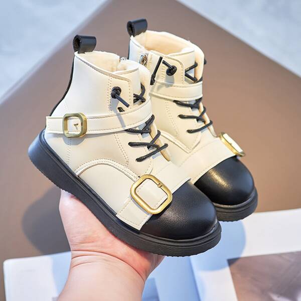

Girls Two Tone Buckle Decor Side Zipper Boots, Beige