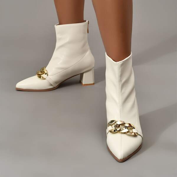 

Chain Decor Chunky Heeled Boots, Beige
