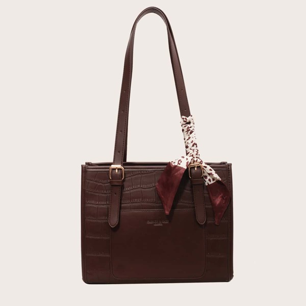 

Crocodile Embossed Scarf Decor Square Bag, Coffee brown