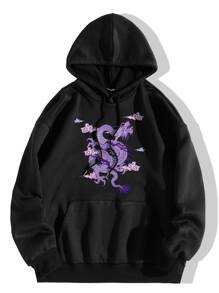 SHEIN Unity 中國龍圖案袋鼠口袋落肩袖抽繩保暖連帽衫 - 黑色 - 查看 1