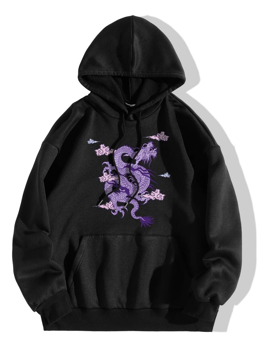 SHEIN Unity 中國龍圖案袋鼠口袋落肩袖抽繩保暖連帽衫 - 黑色 - 查看 1