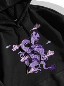 SHEIN Unity 中國龍圖案袋鼠口袋落肩袖抽繩保暖連帽衫 - 黑色 - 查看 3