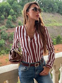 SHEIN LUNE 條紋印花前紐扣襯衫 - 紅白色 - 查看 6