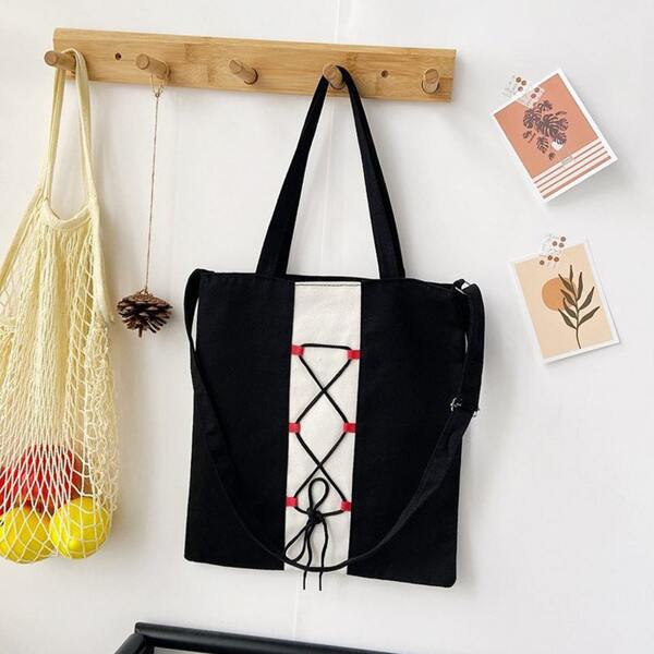 

Lace Up Decor Shoulder Tote Bag, Black and white